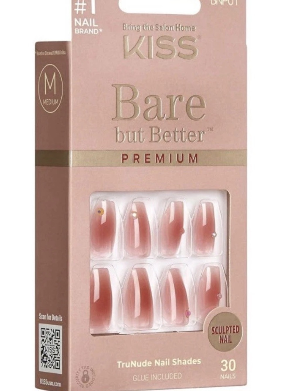 Lot Of Three Kiss Bare But Better Premium 30 Medium Nails Pink Gradient W/Glue